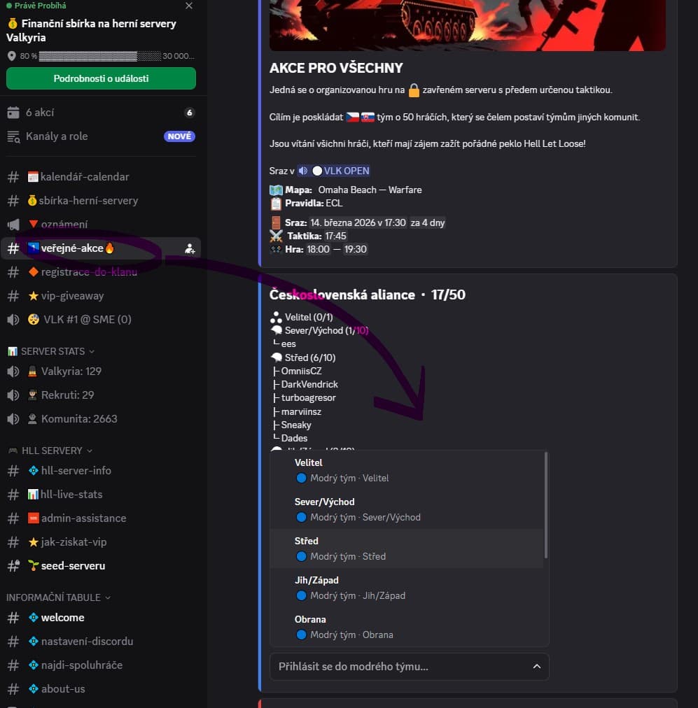 Klikni na kanál veřejné akce a vyber si z výběru skupinu, za kterou chceš hrát